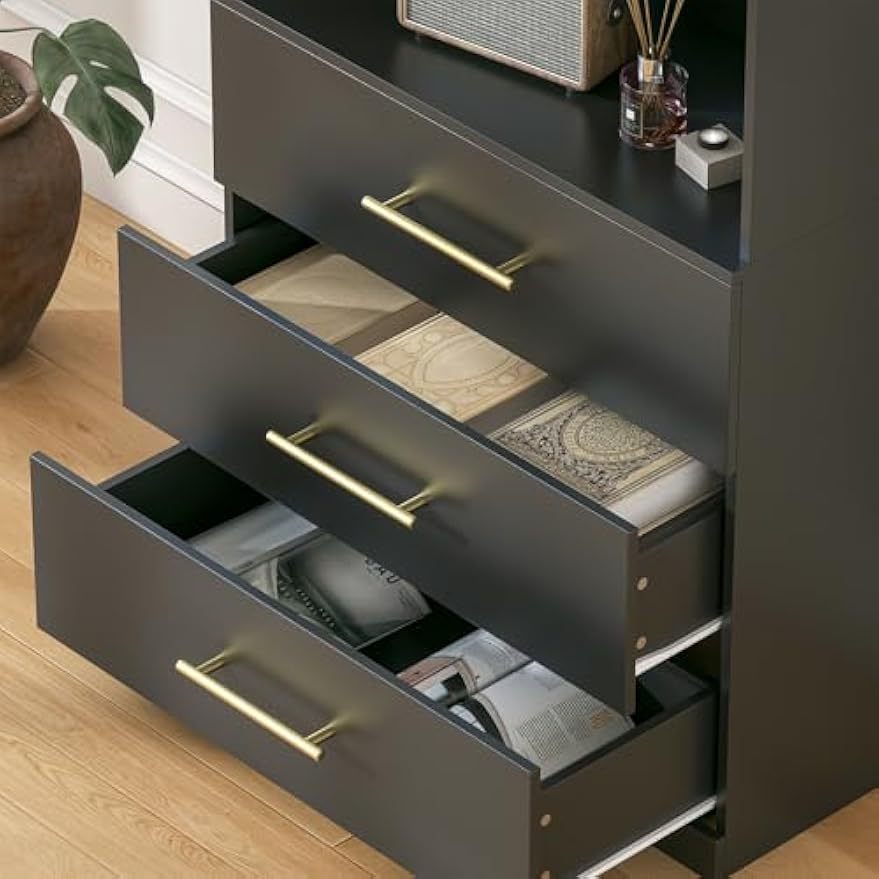 71" Black 3-Tier Bookshelf with Drawers & Open Shelves - Freestanding Tall Storage Cabinet for Home Office, Living Room, Study - Easy Assembly, No Power Needed, Bookcase Furniture, Modern Aesthetic, Sturdy Construction, Minimalist Design, Durable Material