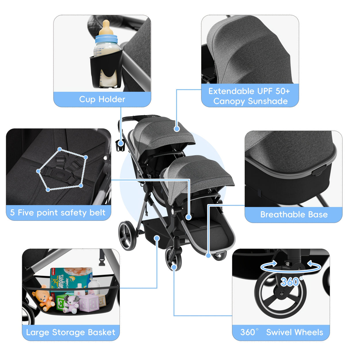 Foldable Double Stroller - Tandem Design with Adjustable Backrest, Reversible Seat, Five-point Safety Harness and Storage Basket - Convertible Bassinet for Infants and Toddlers