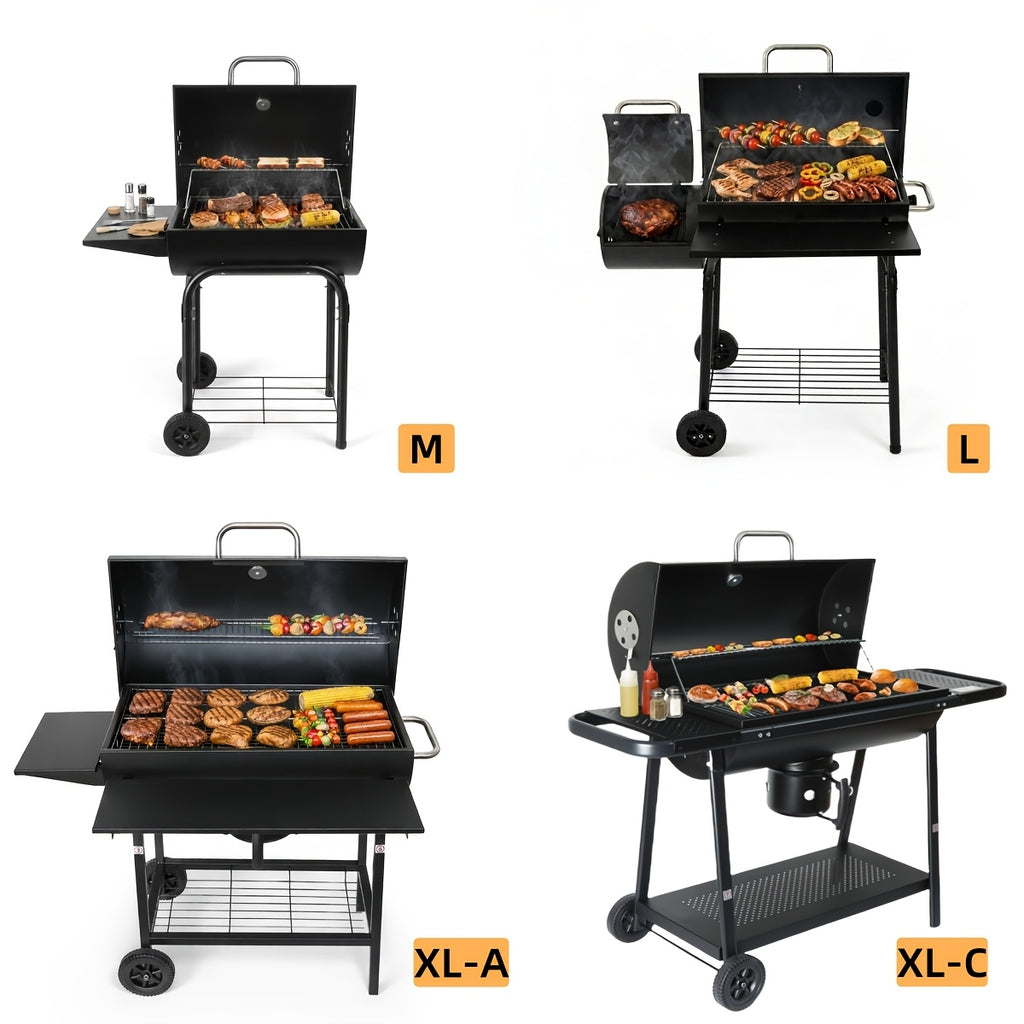 Charcoal BBQ Grills Outdoor - Barrel Charcoal Grill with Offset Smoker(Model: L)/ Outdoor BBQ Grill with Side Table(Model:M/XL-A/XL-C)for Backyard, Patio, Parties, Camping, Outdoor Cooking, Large Event Gathering, Black