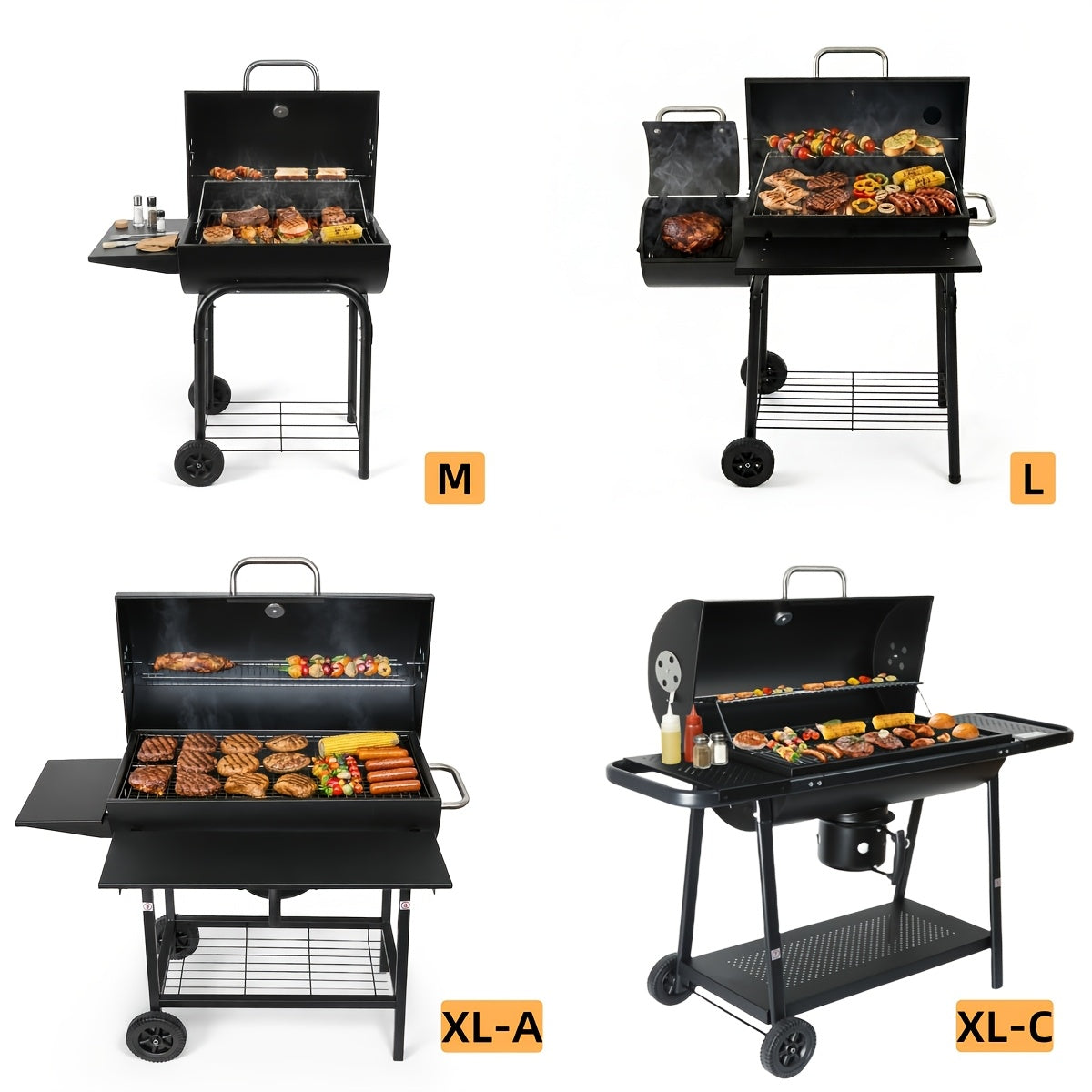 Charcoal BBQ Grills Outdoor - Barrel Charcoal Grill with Offset Smoker(Model: L)/ Outdoor BBQ Grill with Side Table(Model:M/XL-A/XL-C)for Backyard, Patio, Parties, Camping, Outdoor Cooking, Large Event Gathering, Black