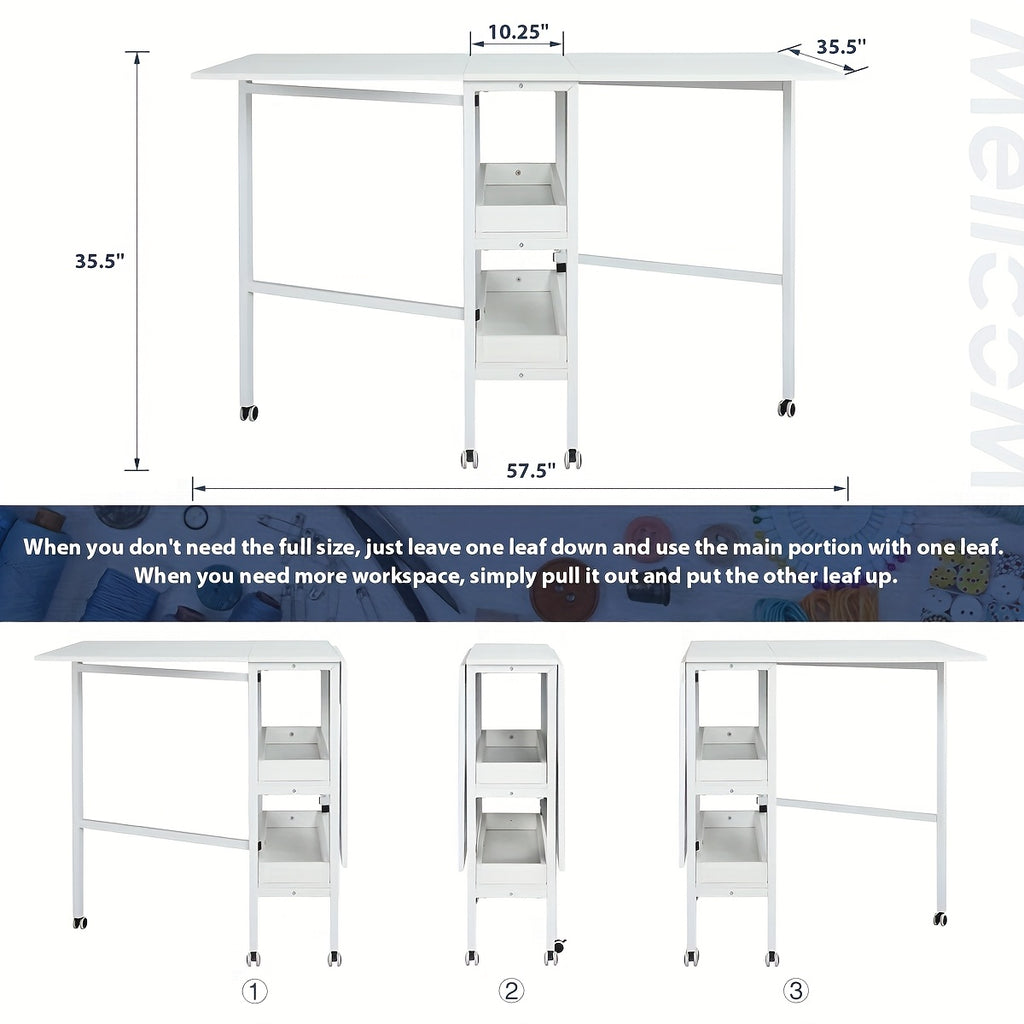 Home Hobby Sewing Table with Storage Shelves, Mobile Folding Cutting Table for Large Fabric, Foldable Craft Table for Home Office & Craft Room