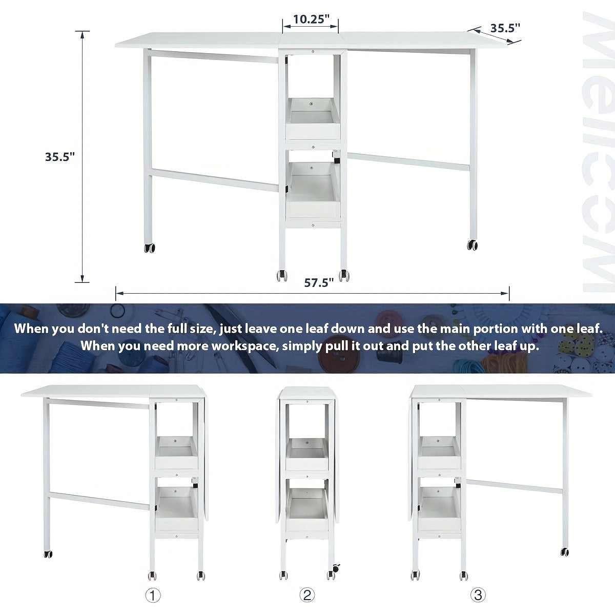 Home Hobby Sewing Table with Storage Shelves, Mobile Folding Cutting Table for Large Fabric, Foldable Craft Table for Home Office & Craft Room