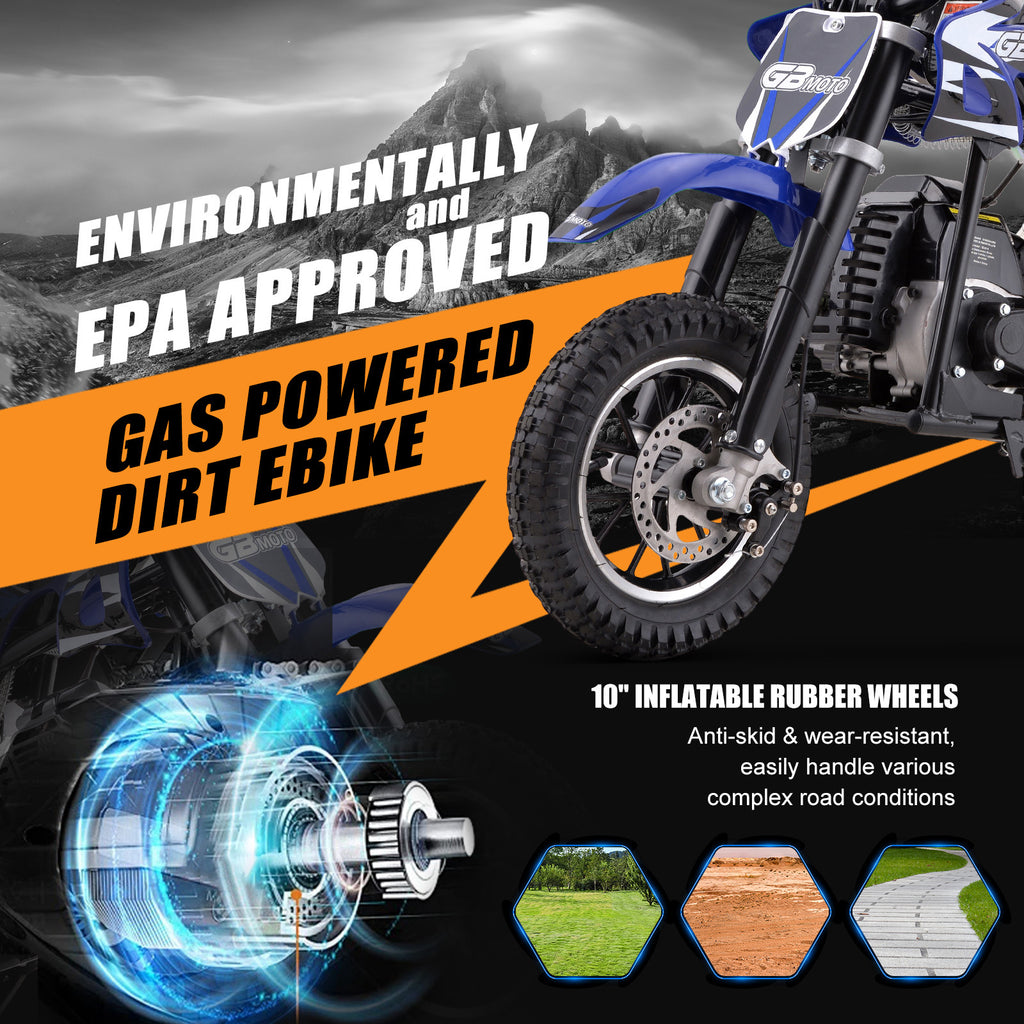Mini Dirt Bike, 49 CC 2-Stroke Gas Bike (Model :DB001) with Off-Rode Tire, Suspensions, Disc Brakes, Max Load 160Lbs, Up to 20Mph-Included: gloves, face mask, cycling protective gear, cycling boots, and anti-theft lock.