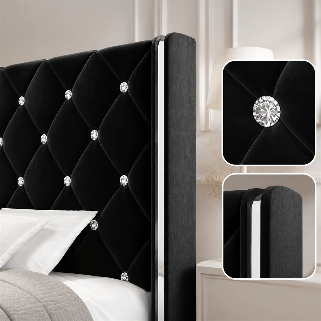 Twin Full Queen King Size Bed Frame, Upholstered Bed Frame with Diamond Tufted Headboard, Modern Silvery Side Wing Back, No Box Spring Needed, Easy Assembly, Purple, Black, Blue, Green, Pink, White
