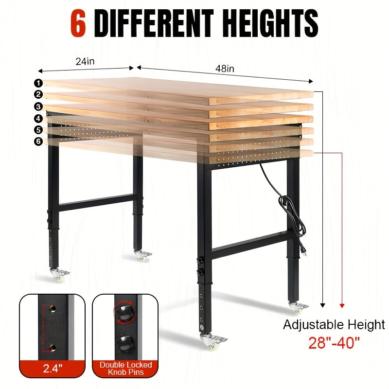 96"84"72"60"48"Adjustable Height Workbench with Power Outlet & Pegboard, 28"-40"Height Heavy Duty Solid Wood Work Table with 2000 to 5000 LBS Load Capacity for Garage, Shop, Office, Home