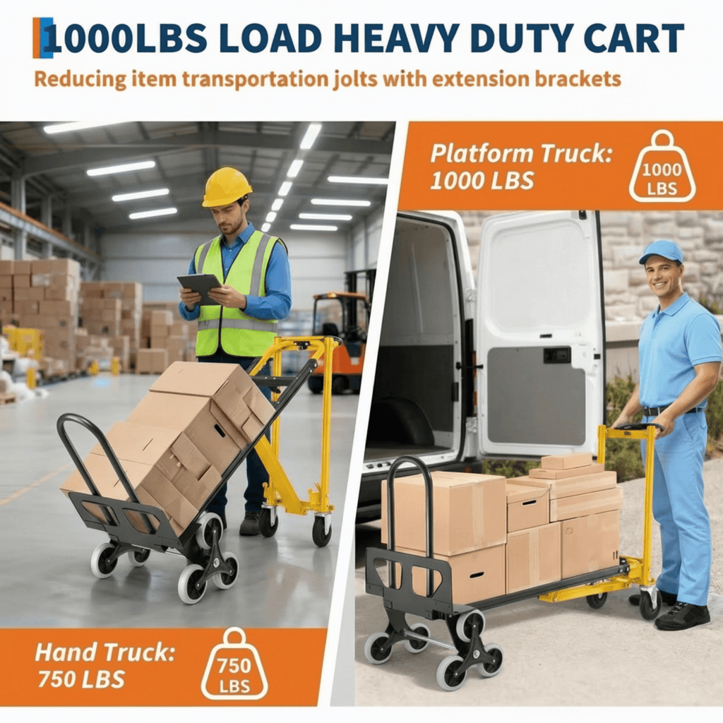 Heavy Duty 4-in-1 Convertible Hand Truck Dolly - 1000 LBS Capacity Industrial Stair Climbing Platform Cart, Foldable Utility Trolley for Moving & Transport