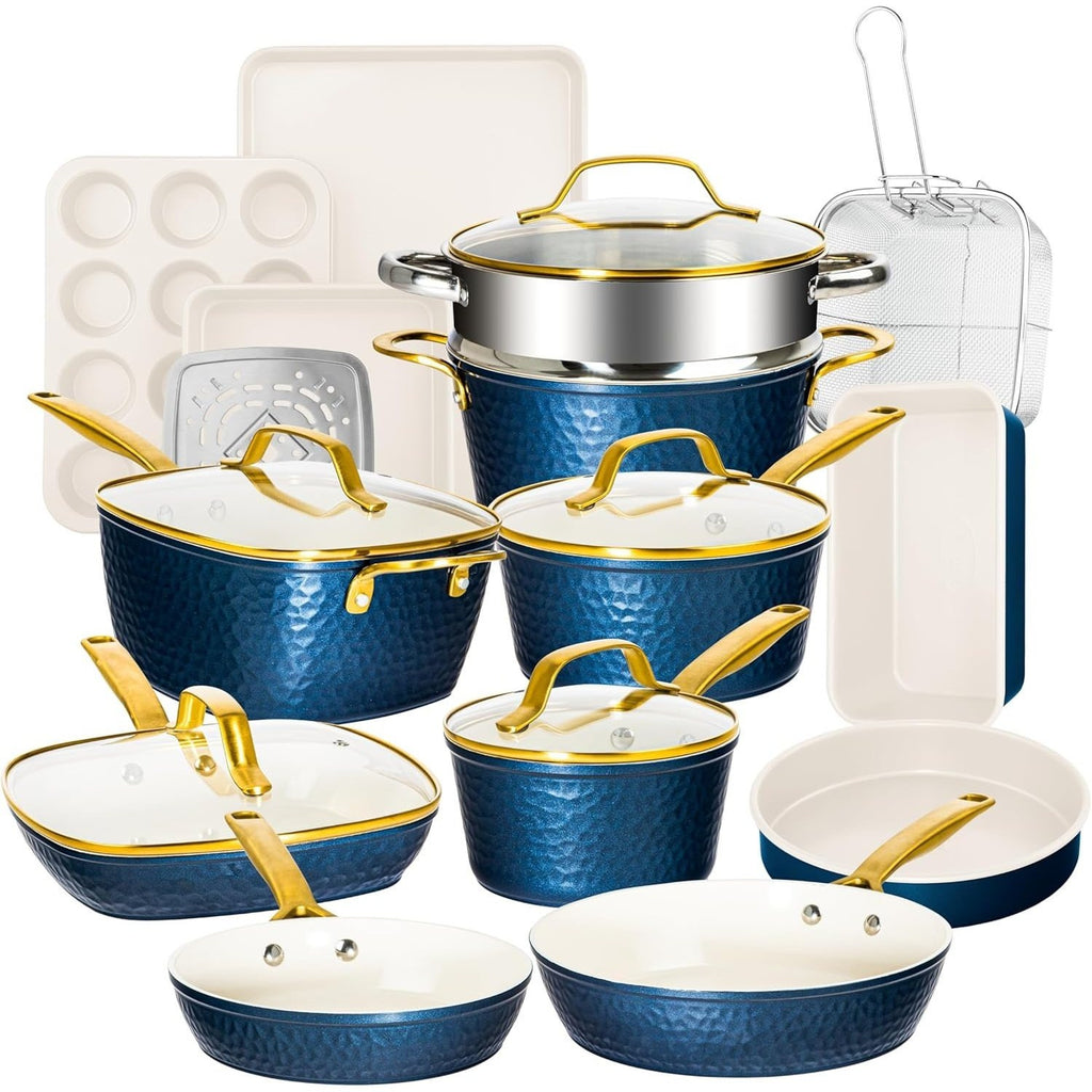 Gotham Steel Hammered 20 Pc Ceramic Cookware Set Nonstick, True Ceramic Pots and Pans Set Non Stick with Deep Square Pan Set & Bakeware Set, Non Toxic PFOA PFOS Free, Oven & Dishwasher Safe