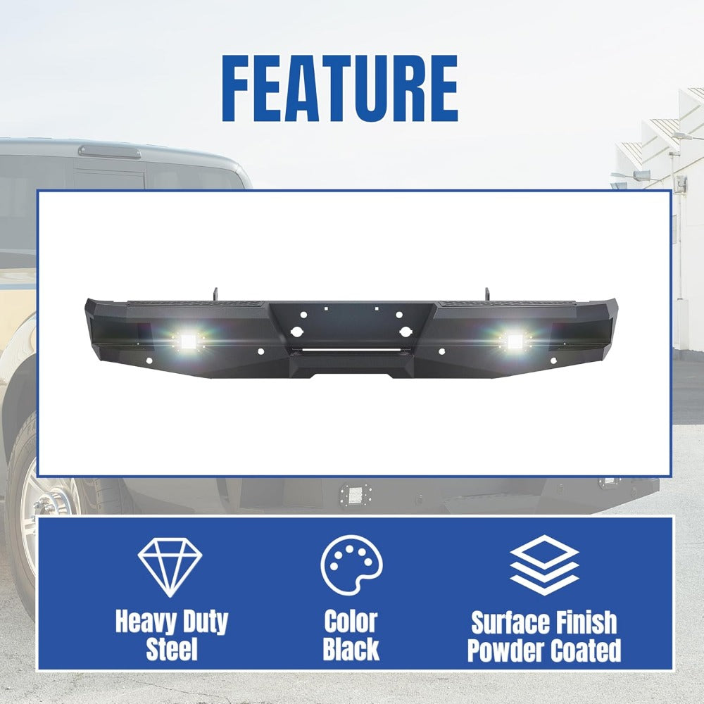 Heavy Duty Offroad Rear Bumper for 1999-2016 Ford F250 F350 Super Duty, Black Powder Coated Steel with 2 x 18W LED Lights