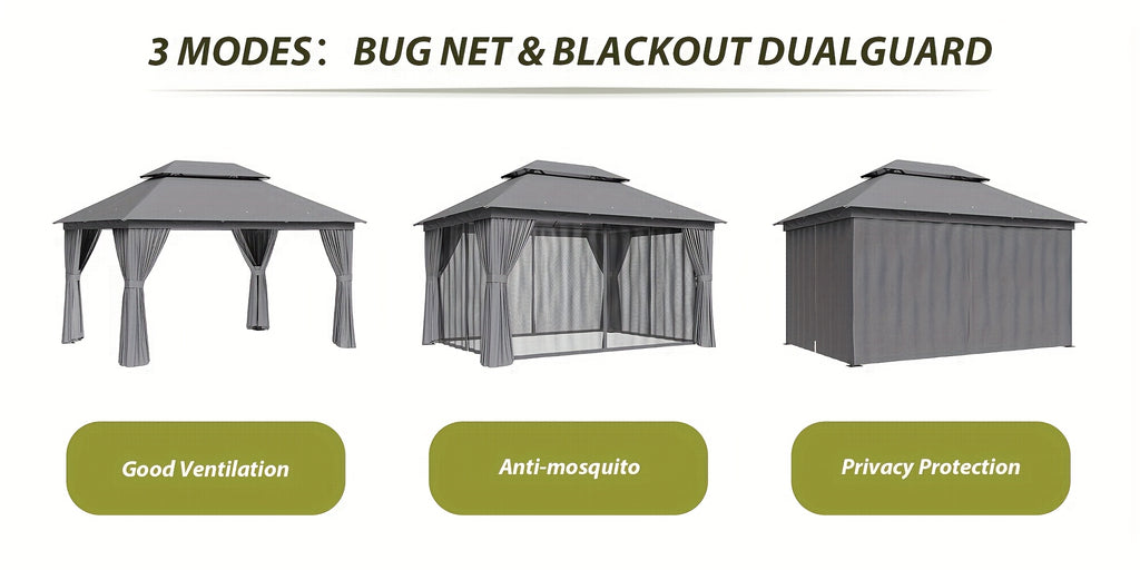 10'x12'/10'x10'/8'x8' Outdoor Gazebo & Pergola for Patio - Double Roof Steel Canopy with Mosquito Net And Privacy Screen, Heavy Duty Party Tent Shelter for Backyard, Lawn, Garden, All-Weather Gazebos with Patio Cover (Grey/Beige/Blue)