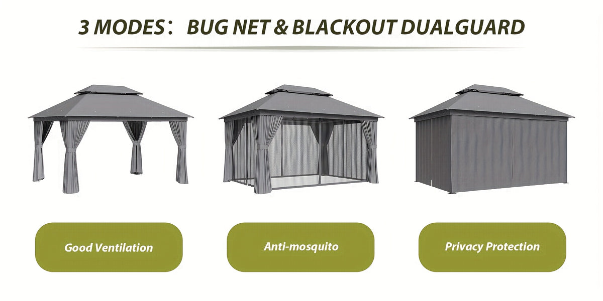 10'x12'/10'x10'/8'x8' Outdoor Gazebo & Pergola for Patio - Double Roof Steel Canopy with Mosquito Net And Privacy Screen, Heavy Duty Party Tent Shelter for Backyard, Lawn, Garden, All-Weather Gazebos with Patio Cover (Grey/Beige/Blue)