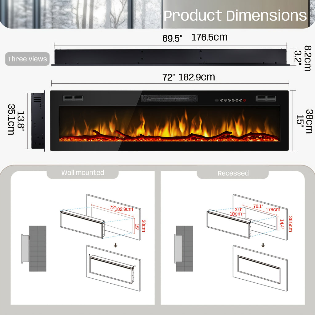 50/60/68/72 Inch Electric Fireplace, Recessed And Wall Mounted Fireplace, Fireplace Heater with Remote Control, Linear, Ultra-Thin Fireplace Heater with 12 Adjustable Flame Color, Log & Crystal Options, 750/1500W