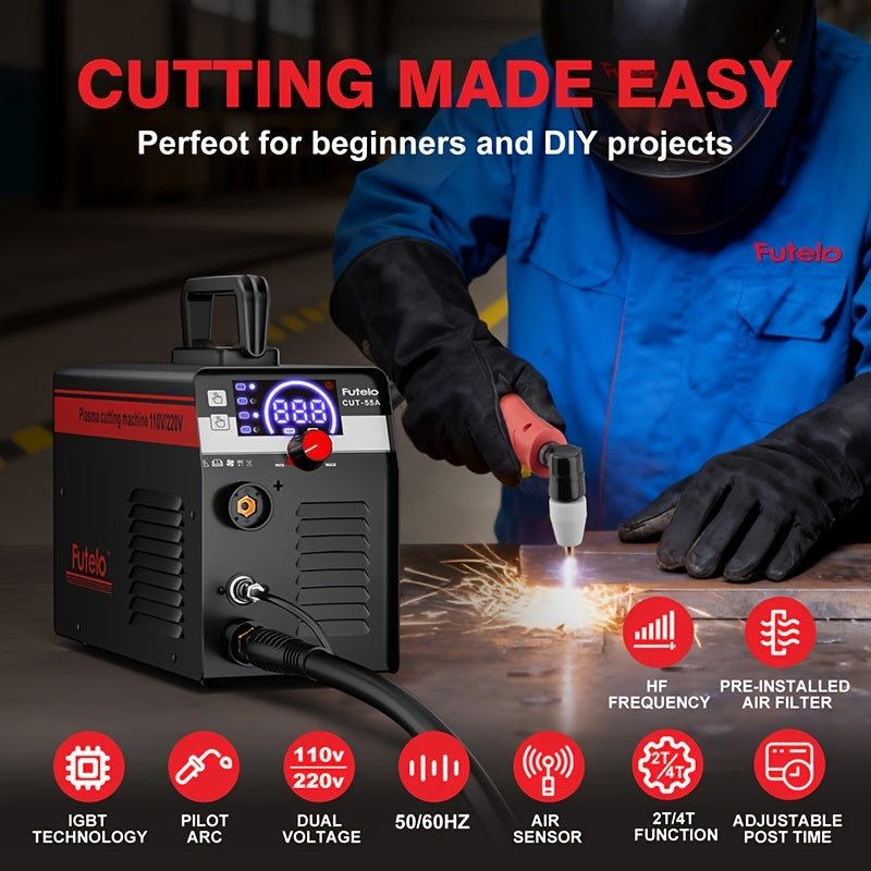 Futelo 55A Dual Voltage Plasma Cutter, 110V/220V, LED Display, Contact Pilot Arc, IGBT Inverter, Max 1/2" Clean Cut, 2T/4T Mode, Portable for DIY & Workshop, Full Complete Accessories Included