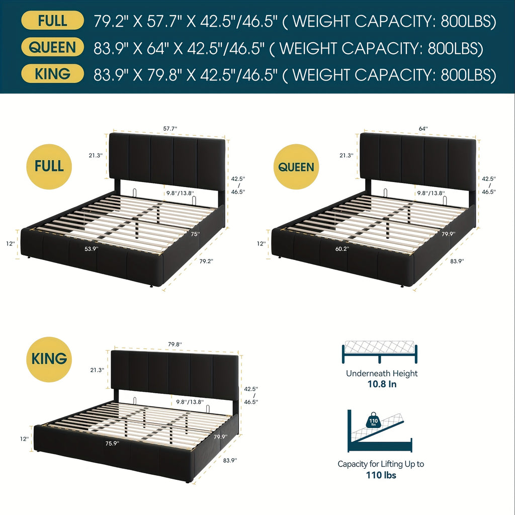 WEEWAY Lift Up Storage Bed, Modern Velvet Upholstered Headboard, Hydraulic Platform Bed, Wooden Slats Support, Heavy Duty Mattress Foundation, No Box Spring Needed, Easy Assembly, Full/Queen/King Size, for House Bedroom Furniture, Free Shipping