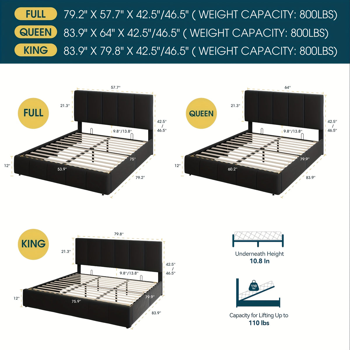 WEEWAY Lift Up Storage Bed, Modern Velvet Upholstered Headboard, Hydraulic Platform Bed, Wooden Slats Support, Heavy Duty Mattress Foundation, No Box Spring Needed, Easy Assembly, Full/Queen/King Size, for House Bedroom Furniture, Free Shipping