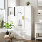 71 Inch Metal Wardrobe with Mirror, 2 Drawers, Adjustable Shelves And Hangers, Clothing Storage Cabinet for Bedroom