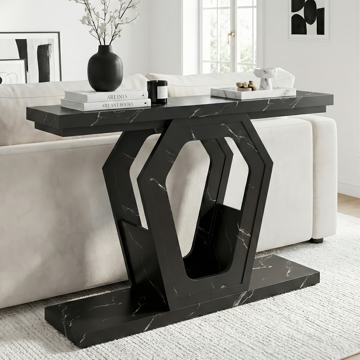 47.3" Modern Console Table with White Marble Texture, Narrow Sofa Table for Entryway & Hallway, Slim Behind Couch Table with Openwork Bracket, Foyer Table for Living Room, Easy Assembly
