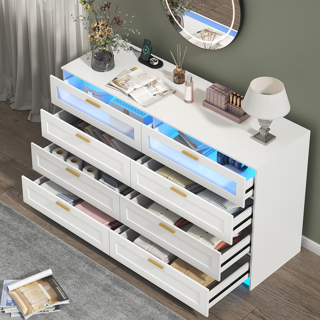 8-Drawer Dresser, Bedroom 8-Tier Drawer Dressing Table, Drawer Storage Cabinet with Power Outlet and LED Lights, Wardrobe Storage and Organization Function, Home Furniture, Living Room Furniture, Storage Drawer Units