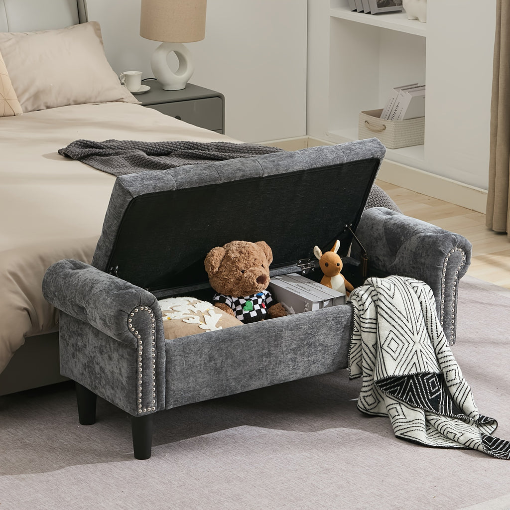 Storage Ottoman with Seat, Safety Hinge Storage Bench, Chenille Fabric, Cushion Storage Bench with Seat, for Bedroom, Living Room
