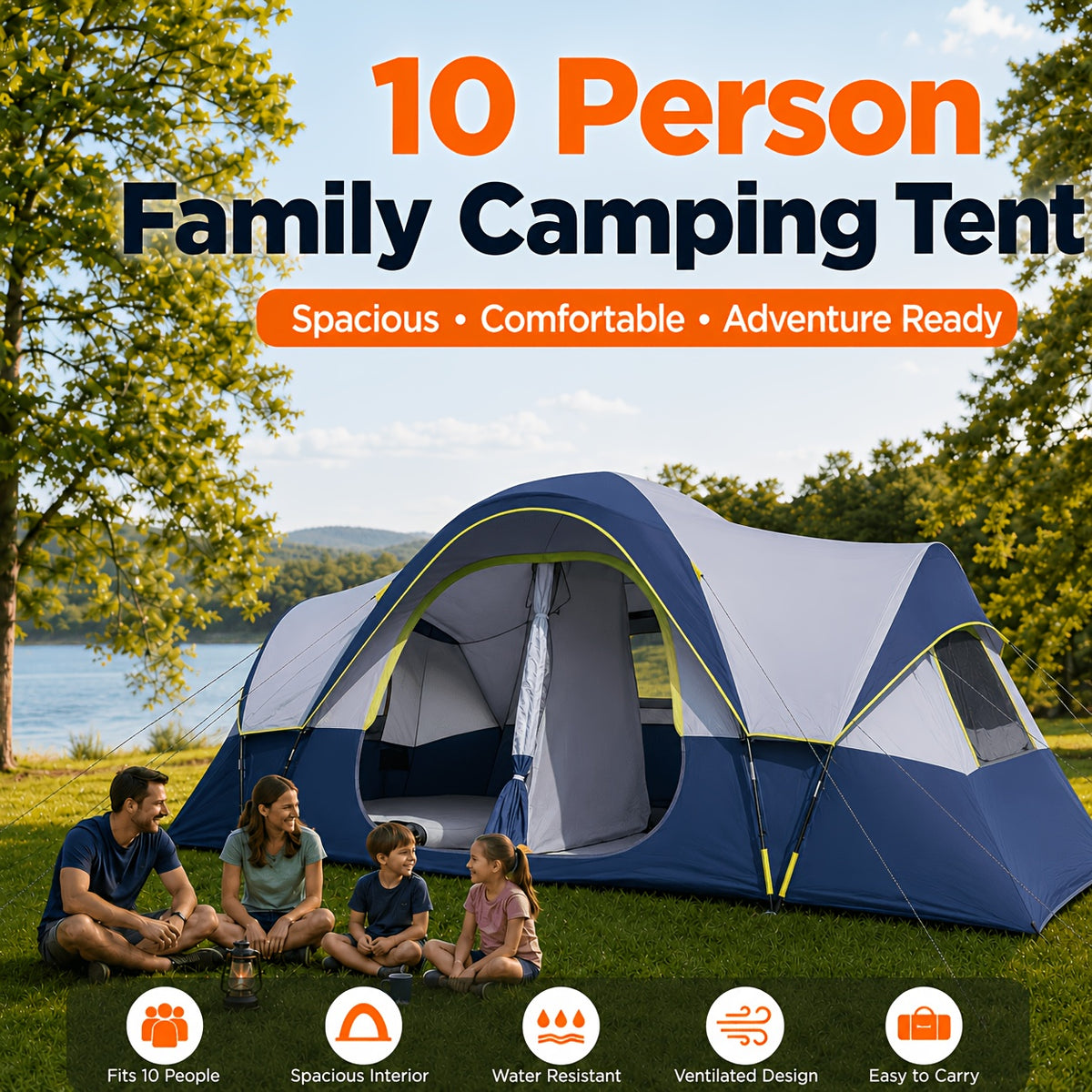 Group Camping Tent for 10 People, Two-Room Privacy Cabin with Mesh Windows and Easy Setup for Family Outdoor Trips