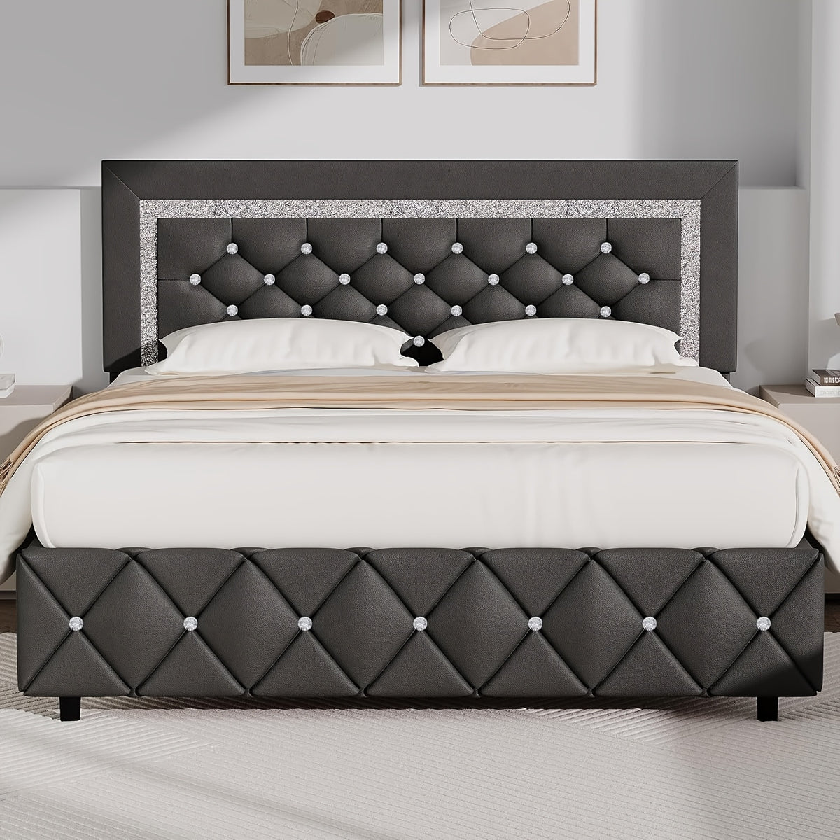 Halloween Twin Full Queen King Upholstered Bed Frame, Diamond Tufted Headboard, Faux Leather Bed Frame With Headboard & Footboard, Wooden Slats Support, No Box Spring Needed, Easy Assembly, Black/White/Pink/Green Christmas
