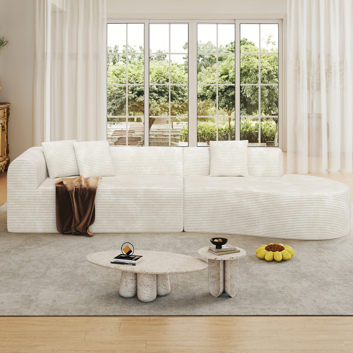 116" Curved Sofa with Throw Pillows, 4-Seater Luxury Chenille Fabric with Fully Assembled Long Lounge Sofa, Living Room Curved Sectional Sofa Chaise Lounge