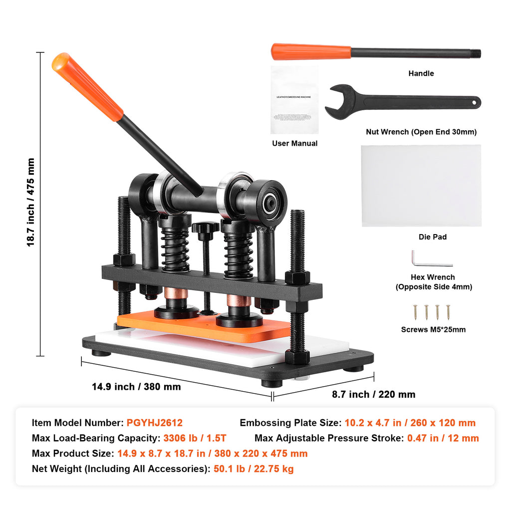 VEVOR Leather Cutting Machine, 10.2 x 4.7/10.2 x 5.9/14.2 x 10.2 in Embossing Plate Manual Die Cutter, 0.47 in Pressure Stroke Leather Embossing Machine, Dual Guide Shafts Die Cut Machine for Various of Materials