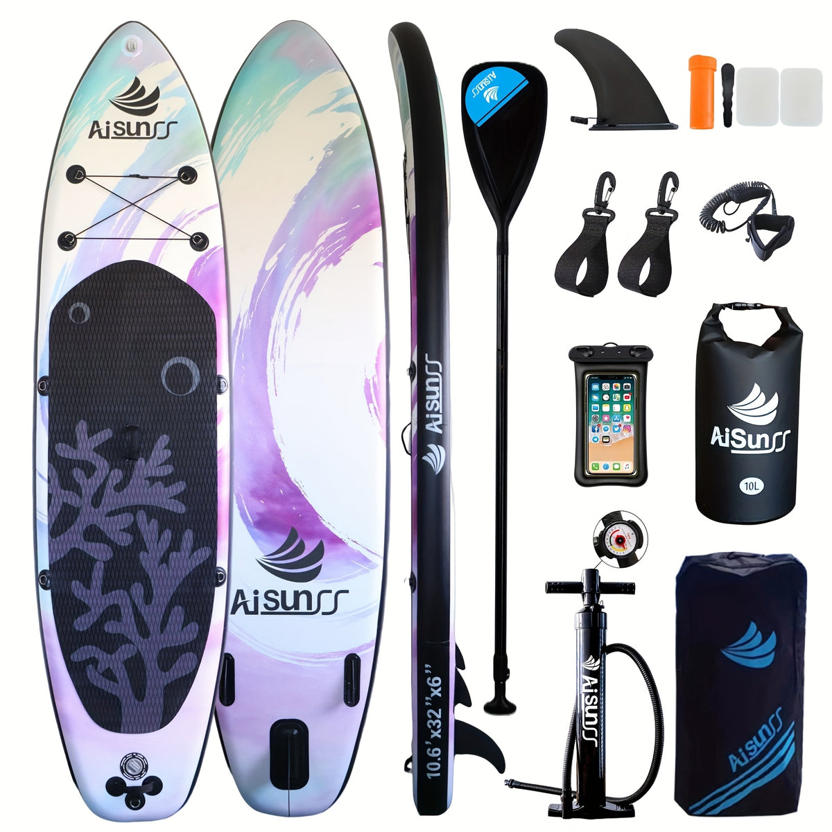 AISUNSS Inflatable Paddle Board For Adult, Paddle Board For All Skill Levels, Wide SUP Board With Primium Accessories Include SUP Carry Bag, Hand Pump, 2.64gal Waterproof Bag And Adj Paddle