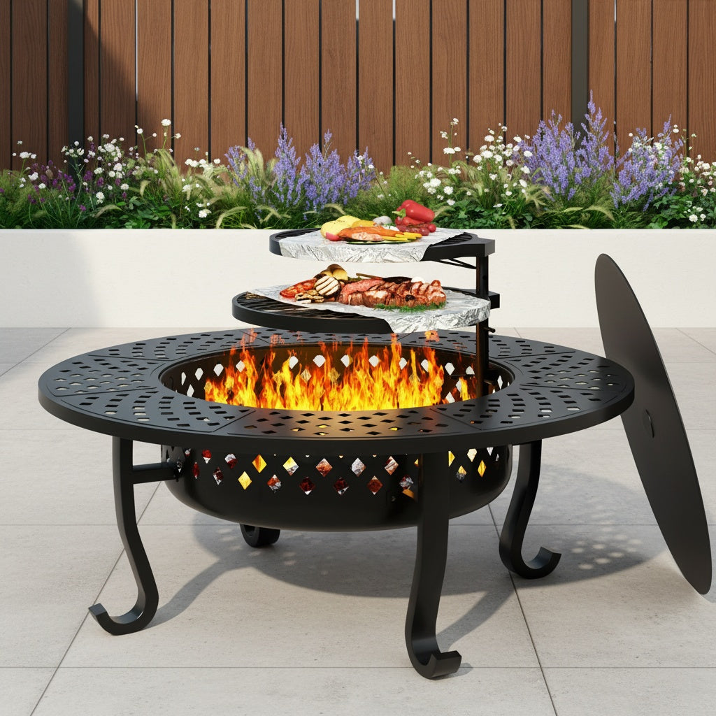 43 Inch Fire Pit with 2 Grills, Outdoor Wood Burning Firepit with Lid, Metal Round Table for Backyard Patio Garden Picnic Camping Bonfire