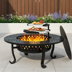 43 Inch Fire Pit with 2 Grills, Outdoor Wood Burning Firepit with Lid, Metal Round Table for Backyard Patio Garden Picnic Camping Bonfire