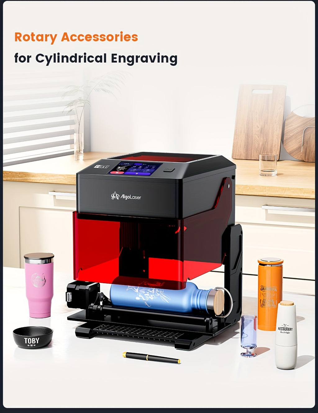 Algolaser Pixi Touchscreen Smart Engraving Machine with Roller, 100x100mm Engraving Range, DIY Holiday Craft Tool, Suitable for Engraving Oval Items Such as Water Cups, Pens, Etc., Valentine's Day Gift