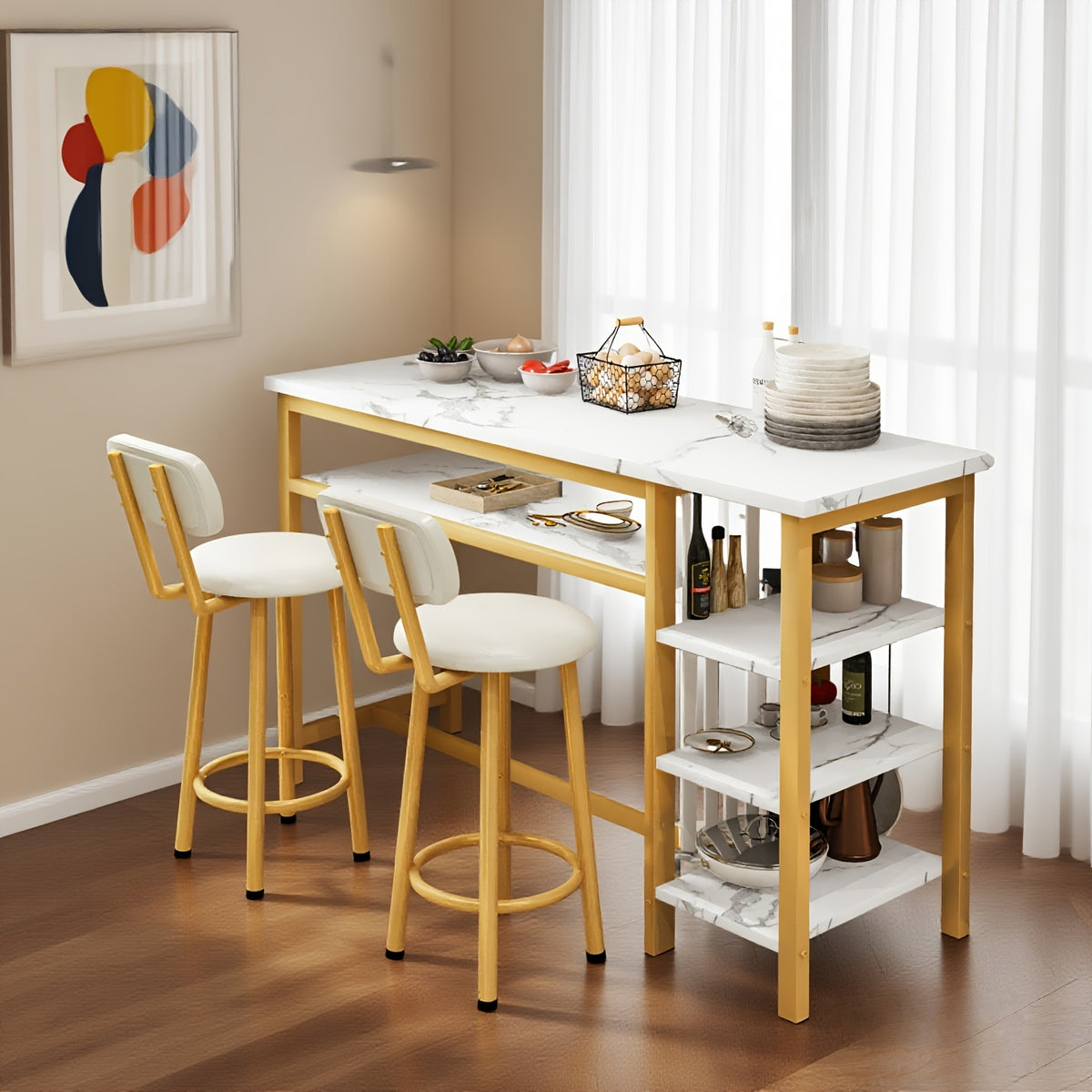 Bar Table with Stools Set Of 2, Kitchen Island with Seating Bar Table Set with Storage, Counter Height Small Dining Table And Chairs Set Of 2, Faux Marble Kitchen Table And Chairs Set with 2 PU Leather Upholstered Seat for Small Space, Dining Room