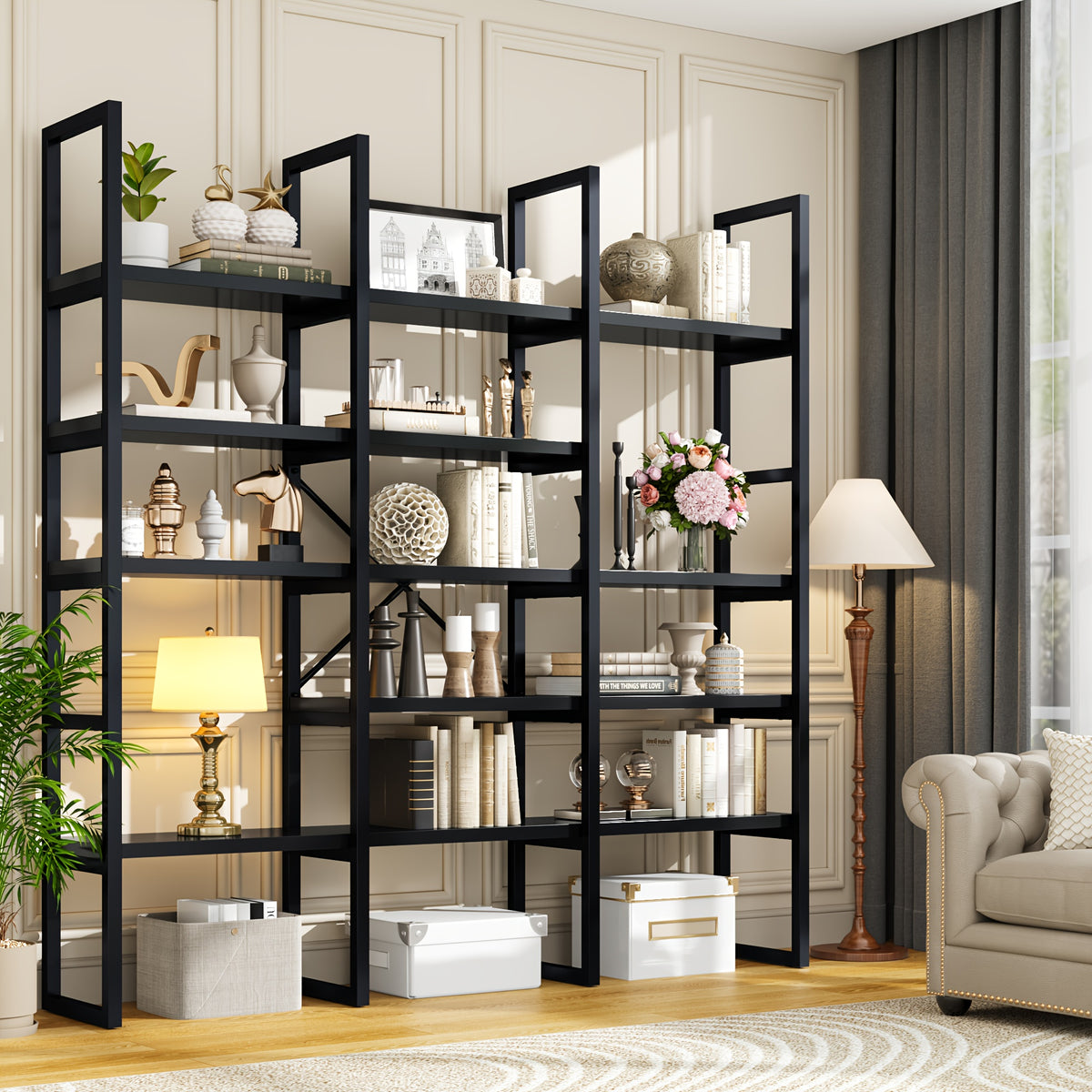 Industrial Bookcase, 71-Inch 5-Tier Triple-Wide Geometric Display Shelf for Home or Office