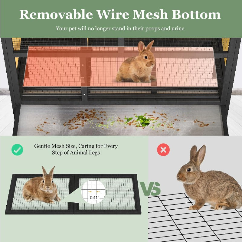 46.7" Elevated Rabbit Cage, Fir Wood Small Animal House - Indoor & Outdoor Rabbit Hutch, Bunny Cage for Guinea Pig, Wooden Design with Removable Tray, Asphalt Roof & Bottom Wire Mesh for Small-Medium Animals