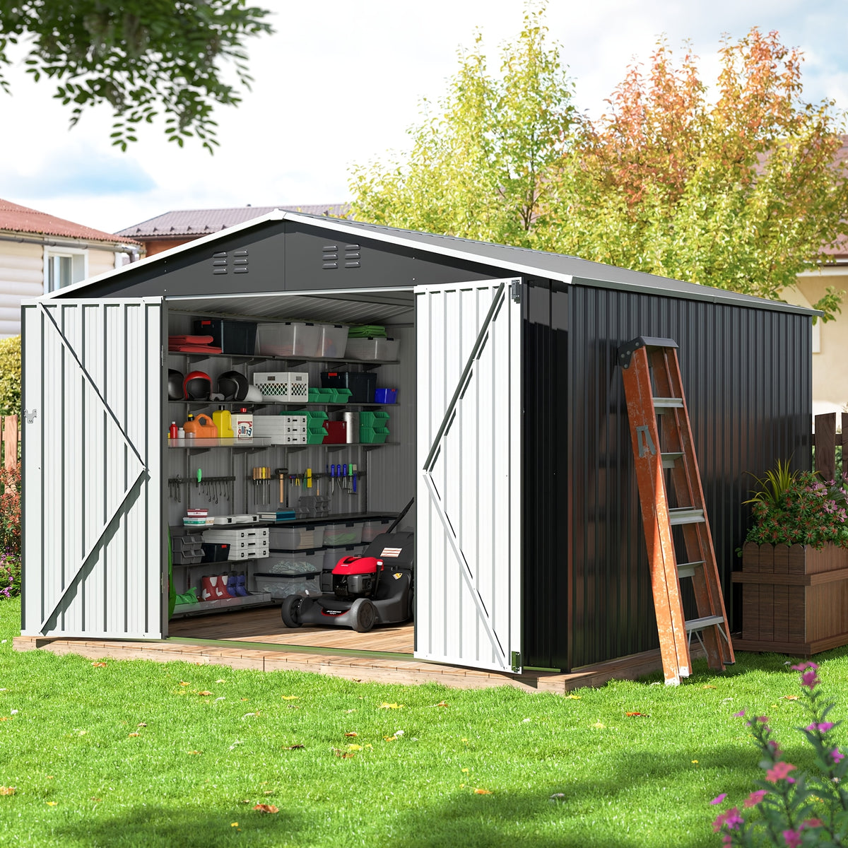 5x3-12x14ft Outdoor Storage Shed, Metal Garden Shed with Updated Frame Structure, Tool Sheds for Backyard Garden Patio Lawn, Black Or White