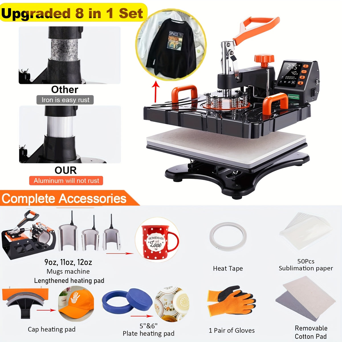8in 1/ 5in 1 Heat Press Machine Multifunctional, 15"x12" T Shirt Press Machine, 360° Rotation Shirt Press Machine Sublimation Heat Transfer for T Shirts Mug Hat Platen