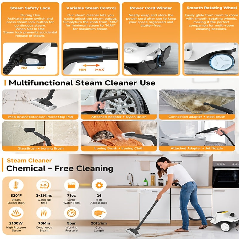 Steam Cleaner, Powerful Multipurpose Handheld Steam Mop for Home Use, 21 Attachments, Heavy Duty Steamer for Carpets, Floors, Cars, Tiles, Crack Cleaning, Turquoise