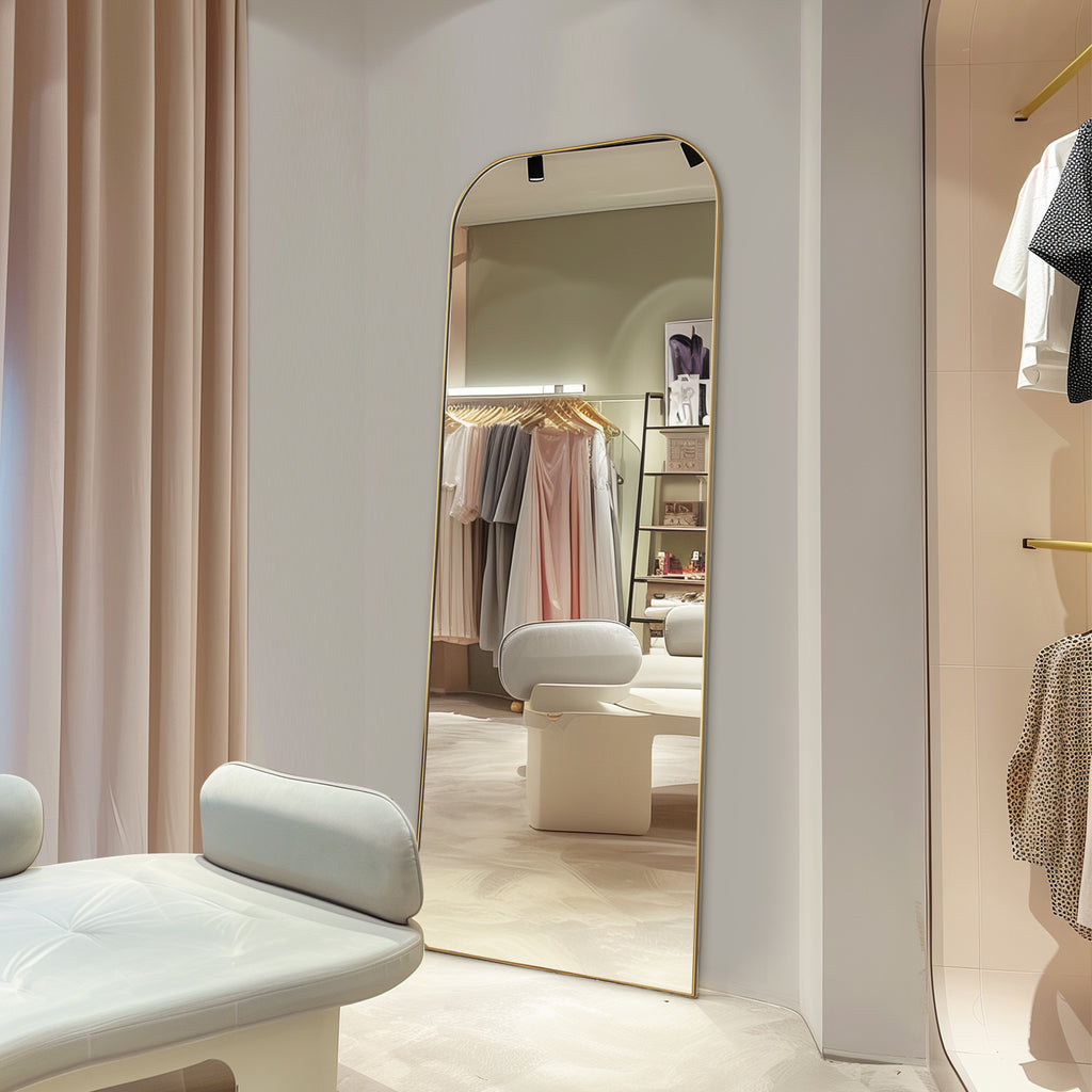 30 X 71 Inch Full Length Mirror, Golden Wall Full Body Mirror Full Length with Stand, Rounded Top Floor Mirror with Aluminum Alloy Frame for Bedroom Living Room