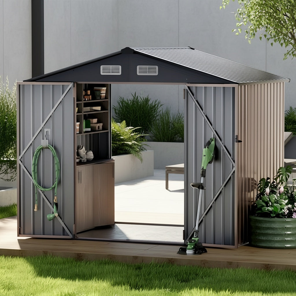 [Metal Storage Shed] 8x6ft (7.33'x5.28' Base, No Floor), 6 X 4ft, 10x12ft, 10x14ft, Metal Steel Outdoor Storage Shed with Air Vent & Lockable Doors, for Garden, Patio And Backyard, Tools, Bike