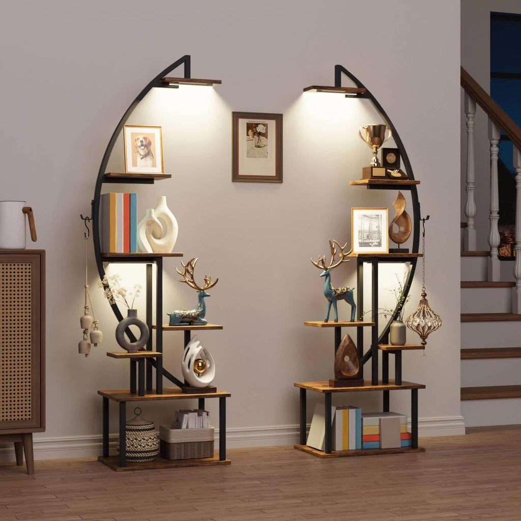 2pcs Bookshelf with Lights, 7 Tiered 65' Multi-Functional Metal Black And Brown Shelving Unit Wooden Bookcase for Books Handicraft Decorations Frames Multiple