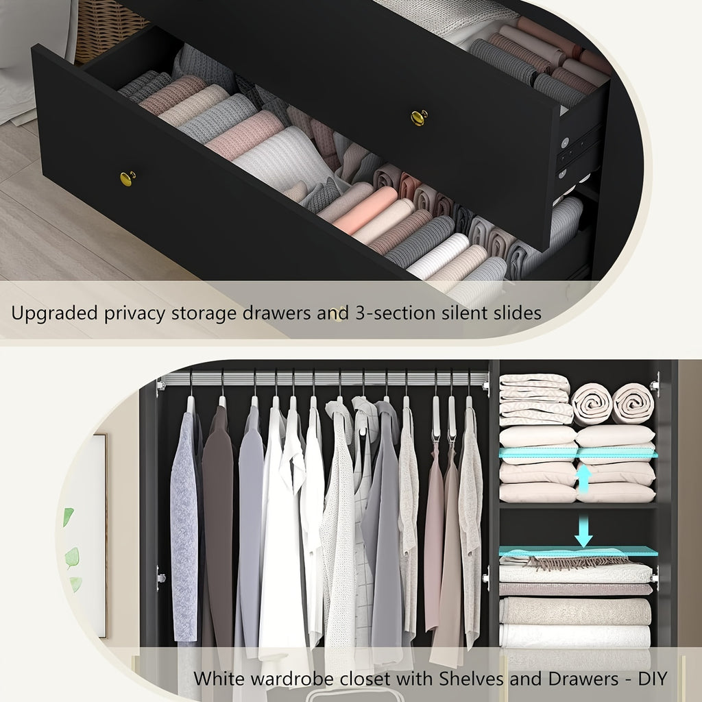 Modern Wardrobe Closet with Mirror And LED Lights, Bedroom Armoire with Drawers And Shelves, Wooden Closet Cabinet with Hanging Rod