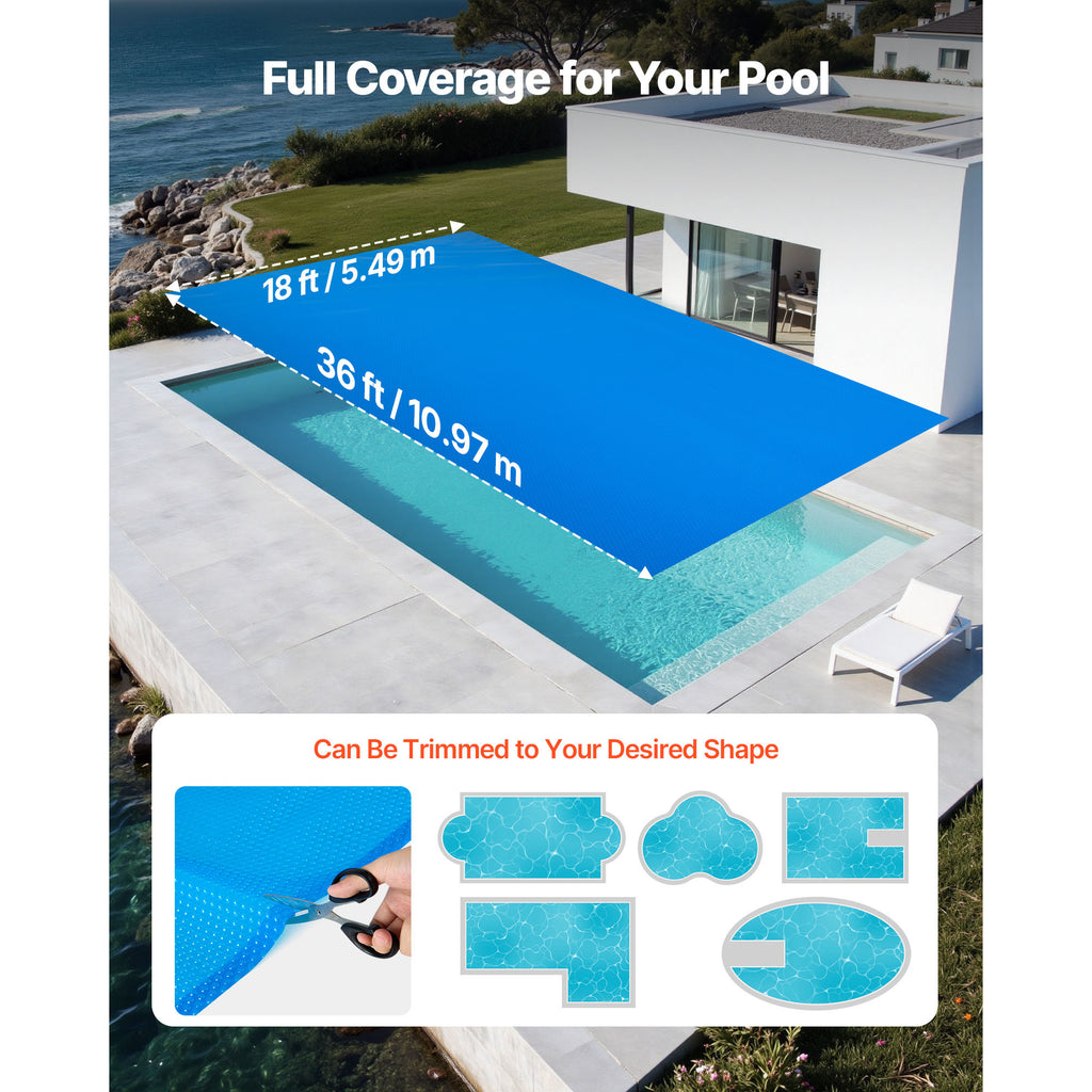 VEVOR Solar Pool Cover, 36 x 16 ft / 36 x 18 ft Rectangle Pool Bubble Cover, 12 Mil / 8 Mil Pools Solar Blanket with Bubble & PE Material, Daytime Heat Absorption, Nighttime Heat Retention, Heat Retaining Solars Covers, Blue