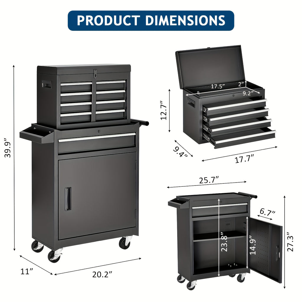 VIWAT 5-Drawers/8-Drawers Rolling Tool Chest And Cabinet In Black, Features Enhanced Packaging, Detachable Top Tool Box, And Lockable Wheels, Ideal As A Tool Cart for Garage And Workshop Use