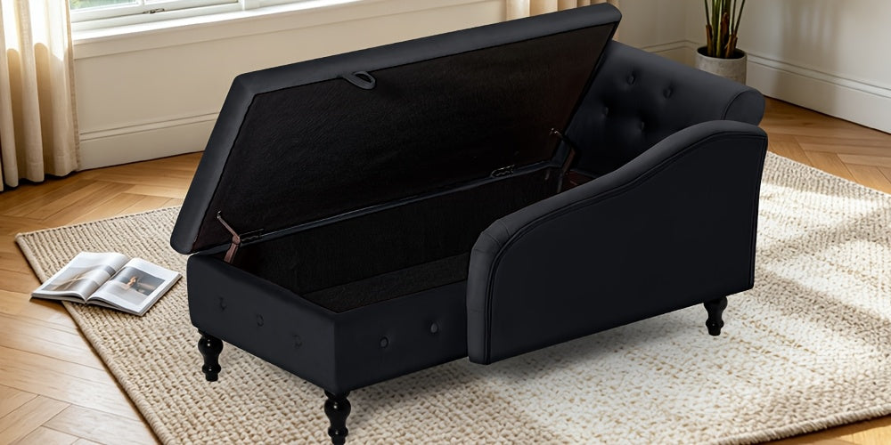 ACMEASE Classic Nailhead Trim Velvet Storage Chaise Lounge 57", Upholstered Chaise Sofa With Pillow & Turned Wood Legs For Living Room Decor