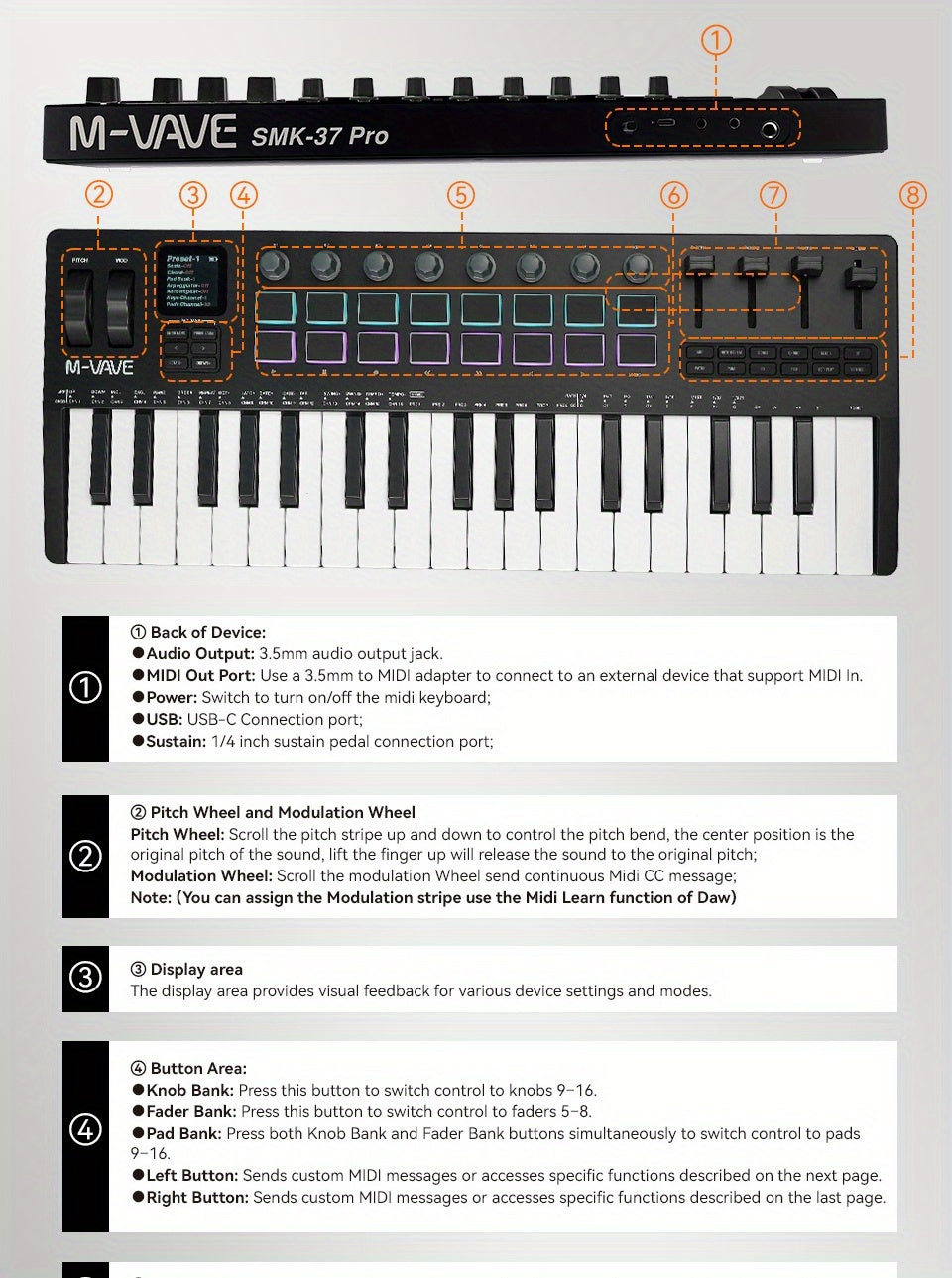 M-VAVE SMK37PRO Professional MIDI Keyboard, 37-Key Wireless Wireless Music Arrangement And Production Synthesizer