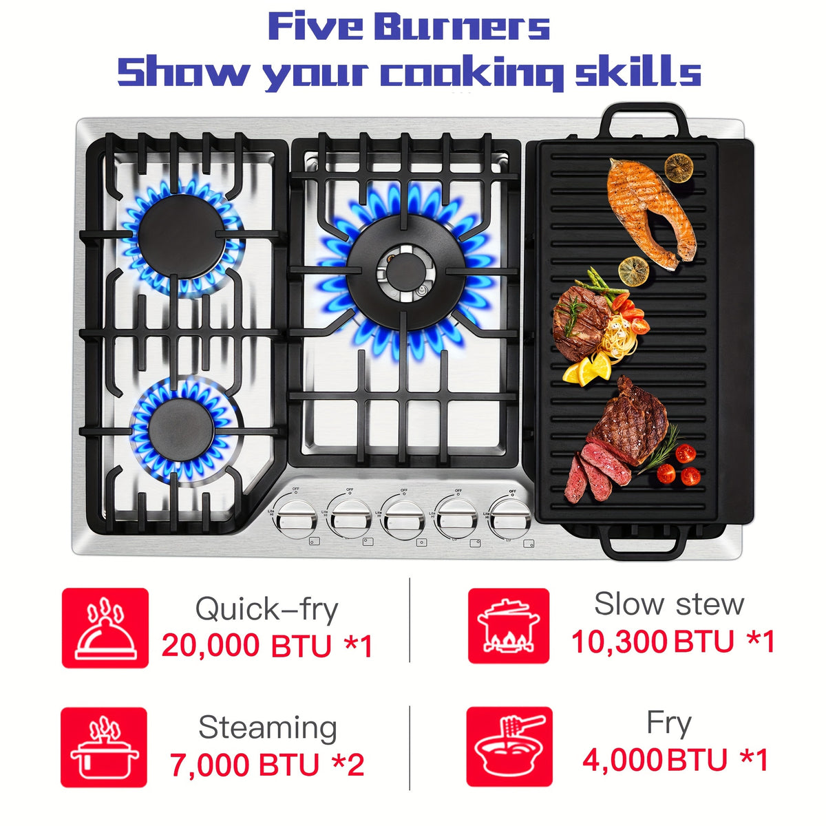 Bulit-In Gas Cooktop 30 Inch with Griddle, 5 Italy SABAF Powerful Burners, Max 48300 BTU Gas Stove Top, 304 Stainless Steel Panel, NG/LPG Convertible