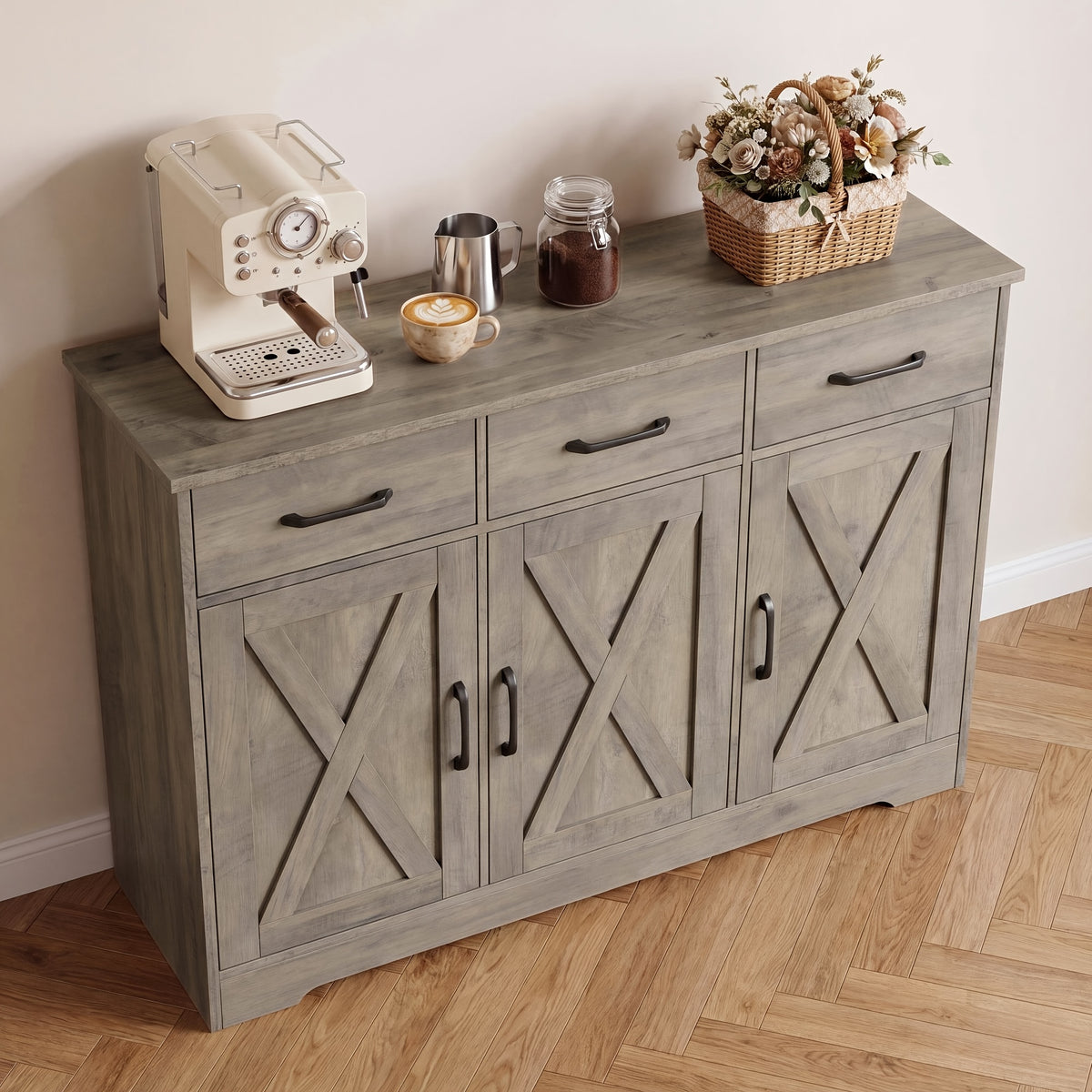 FULTRU Modern Farmhouse Cabinet with Barn Door & Sliding Panel Doors Suitable for Kitchen, Dining Room Storage, Freestanding Buffet Furniture with Drawers and Open Shelves, Assembly Required, Multifunctional Sideboard