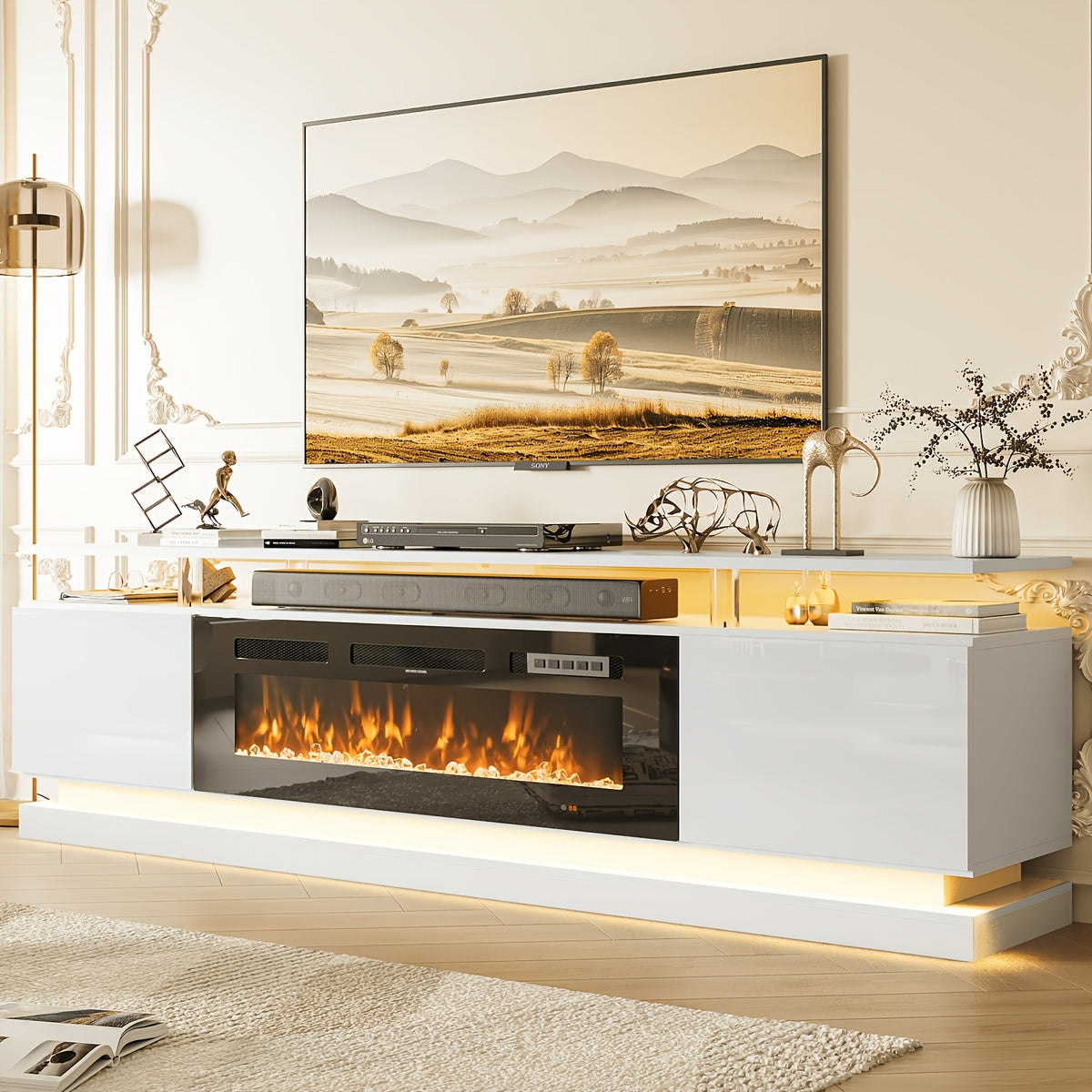 Fireplace Tv Stand with 36 Inch Fireplace, 70"/80" Modern Entertainment Center with LED Lights, Entertainment Center And Storage for Living Room