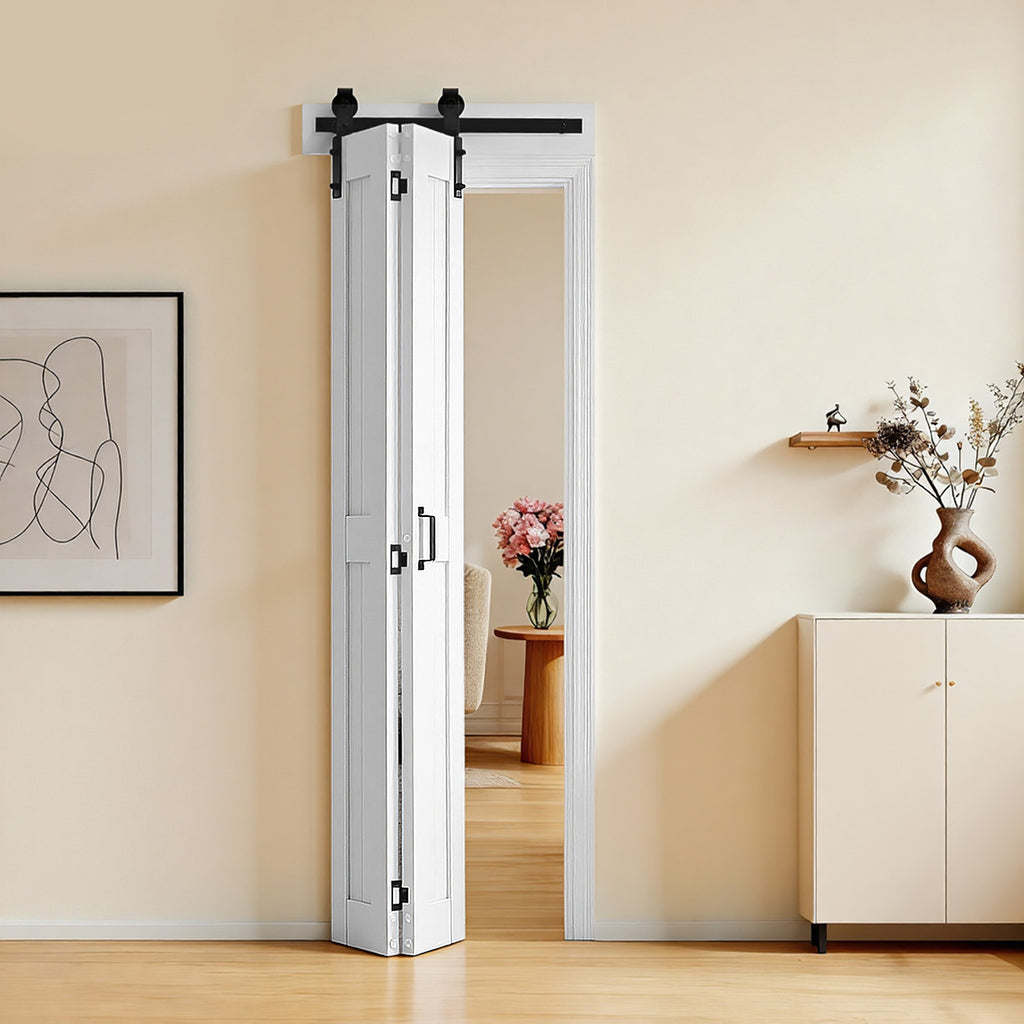 VEVOR Bifold Barn Door, 24" x 84"/36" x 84", MDF Bi-Fold Sliding Closet Doors, Hardware Kit Included, H-Frame Space-Saving Design, Need to Assemble, for Bedroom, Living Room, Wardrobe and Room Divider, White