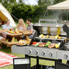 Upgraded 44000-49000 BTU 4-1 Burner Propane Gas Grill with Side Burner, Top thermometer, Outdoor BBQ Grill with Cast Iron Grates & Side Tables, 625 sq.in. Large Grilling Space for Summer Parties, Ideal for Backyard Patio & Camping, Black
