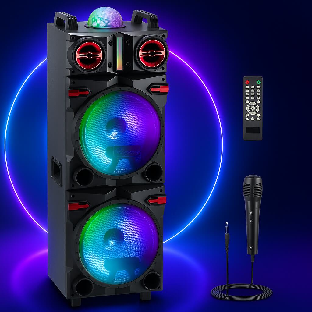 Dual 10" Bluetooth Karaoke Speaker, Portable Subwoofer with Heavy Bass, LED Flashing Lights, Mic & Remote, Multi-Mode (BT/USB/TF/AUX/FM), TWS Pairing, Handle & Wheels for Home, Party, Outdoor Events